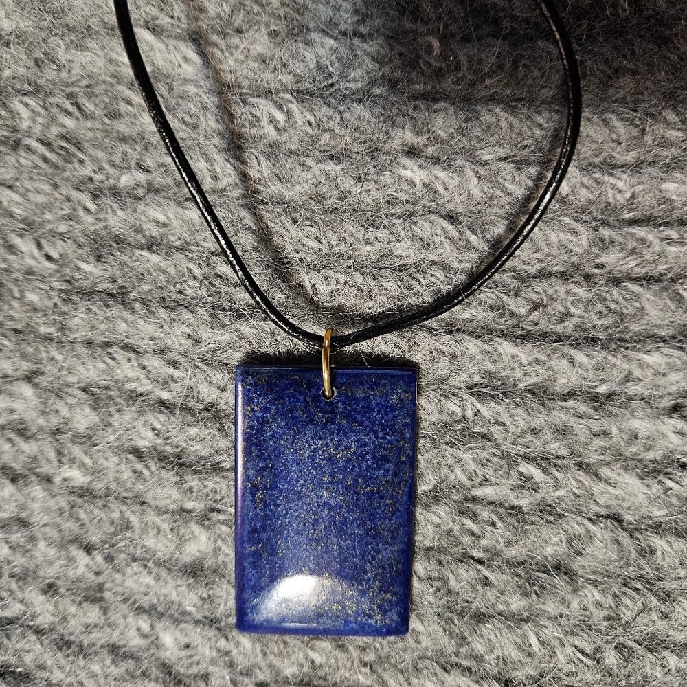 NWOT, dark lapis lazuli, pyrite specks, rectangle, pendant, black leather cord